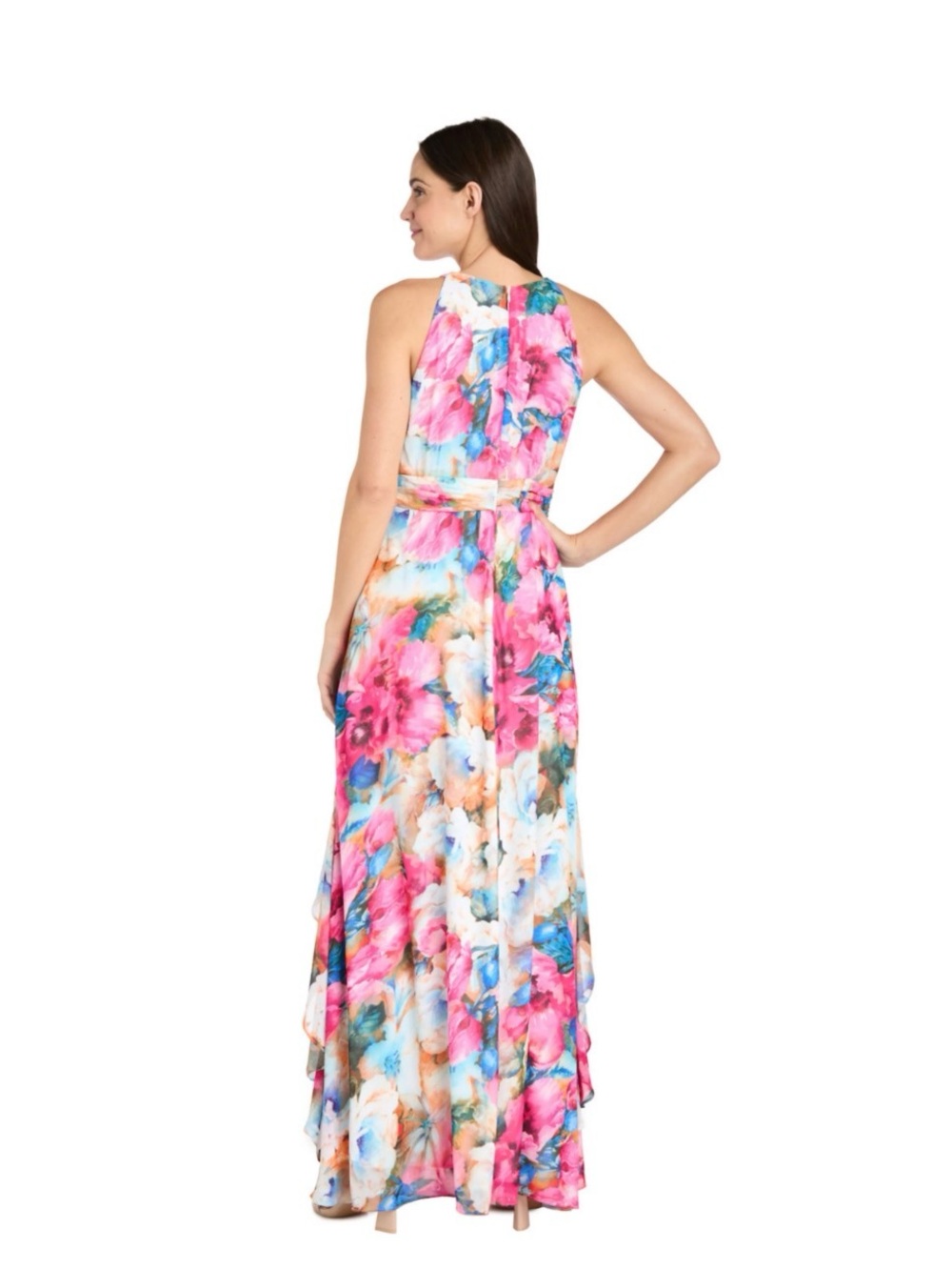 NWT - R&M Richards Pink Multi Floral Chiffon Halter Maxi Dress - Picture 2 of 4